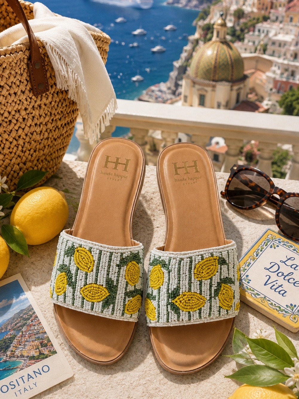 NWT Lemon Beaded Slide Sandals Sz 6.5 | Amalfi Coast Resort Vacation